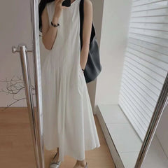 Voguable Women Casual Sleeveless Round Neck Solid Color Dresses 2023 Summer Japan Style Loose Fit High Waist Camisole Elegant Dress voguable