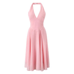 Sexy Backless Pink Halter Dress For Women Sleeveless A-line Midi Party Dresses Summer Robe