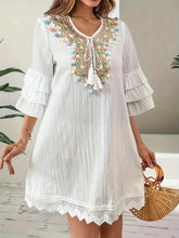 Voguable Embroidered Lapel V-neck Dress for Women Ruffled Three-quarter Sleeve Summer Dresses Woman Colorful Tassels Decor Bohemian Dress voguable