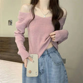 Voguable One-shoulder Top French Green Sweater Women New Spring Long-sleeved Inner voguable