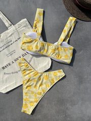 Voguable Sexy Yellow Floral Print Bikini Set Women Metal 3D Flower Pleate Push Up High Waist Swimsuit Summer Bathing Suit Swimwear voguable