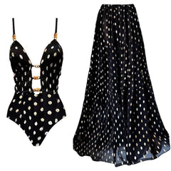 2Pcs Deep V One Piece Swimsuit With Long Skirt Women Sexy Swimwear Pearl Bikini Female Retro Bathingsuits Bodysuit Beachwear voguable