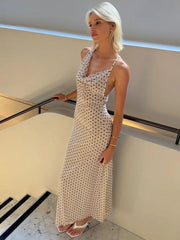 Spaghetti Strap Polka Dot Dress For Women Gown Fashion Irregular V Neck Sleeveless Backless Bodycon Club Long Dress voguable
