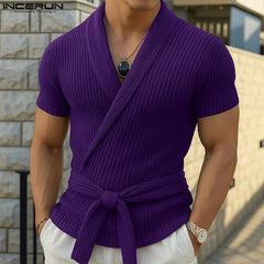 Men T Shirt Knitted Solid Color V Neck Short Sleeve Summer Male Tee Tops Streetwear 2025 Lace Up Fashion Men Clothing INCERUN voguable