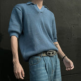 Summer Men's Clothing Light Luxury Korean Popular Hollow Out Polo Shirt Leisure V Neck Short Sleeve Solid Color Retro Knitwear voguable