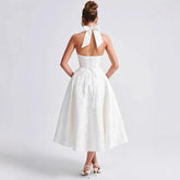 Elegant Sexy Evening Party Dresses Women Korean Style Halter V-neck Dress Sweet Backless Yellow Summer Solid Midi Dress voguable