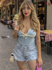 Retro Deep V Neck Crop Top Women Y2k Ruffle Vintage Tank Tops Womens Tie Up Bow Knitted Woman Backless Cute Tops 2024 New voguable