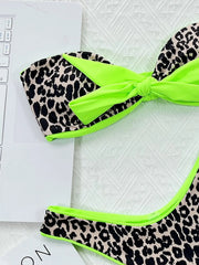 Voguable Sexy Neon Green Leopard Print Contrast Bikini Front Tie Bandeau Push Up Bra 2 Piece Swimsuit Bathing Suit Bikini Set Summer voguable