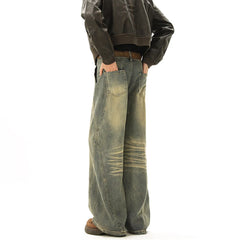 Vintage Blue Men's Distressed Denim Pants Wide Leg Trousers Jeans Straight Loose Mopping Pants Streetwear Male Casual Fashion