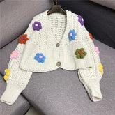 Voguable Harajuku Flowers Knitted Cardigan Women Cute Cropped Sweater Outerwears Y2K Streetwear Long Sleeve Knitwears Winter Jumpers New voguable