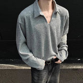 New American Retro Men Polo Shirt Luxury Knitted Solid Color V Neck Long Sleeve T-shirt Casual Premium Quality Textured Knitwear voguable