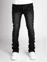 Voguable Men's denim fashion personality straight leg men's pants European and American fashion Instagram hot item elastic pearl denim la voguable
