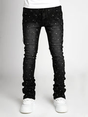 Voguable Men's denim fashion personality straight leg men's pants European and American fashion Instagram hot item elastic pearl denim la voguable