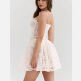 Sexy Hollow out Hole Lace With Wire Corset Style Sling Dress Women Bow lacing up Low Waist Ball Gown Swing Mini Party Robe voguable