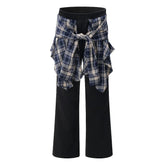 American Trend Plaid Patchwork Skirt Hem Sweatpants Autumn Women Elastic High Waist Fashion Loose Wide Leg Floor Length Trouser voguable