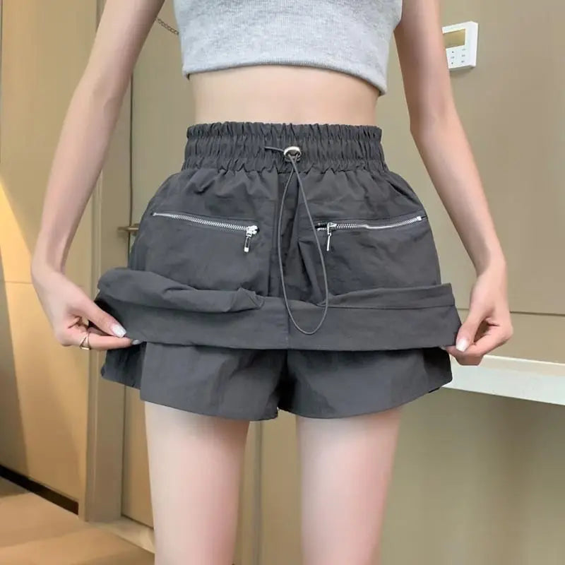High Waist Drawstring Summer Women Short A Line Skirt Vintage Casual Cargo Big Zipper Pocket Skirt with Safety Shorts Hip Skirts voguable