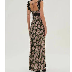 Women Rose Floral Print Sleeveless Midi Long Dress Backless V Neck High Waist A-line Summer Dress Lace Spliced Robe