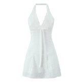 Women Hollow Out Embroidery White Halter Dress Sexy Backless A-line Mini Summer Dresses Holiday Robe