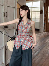 Voguable French Plaid Women T Shirt V Neck Lace Up Vintage Sleeveless Patchwork Female Tees Retro Casual Off Shoulder Simple Tops New voguable