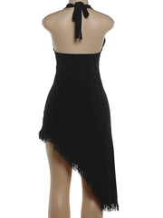 Voguable Sexy Tassel Patchwork Dress Women Fashion Halter Bandages Irregular Hem Deep V-Neck Simple Elegant Party Club Bodycon voguable