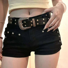 American Hot Girl Dark Y2k Hip-packing Black Pants Rivet Design Sense Denim Shorts Women's Low Waist Slim Hot Pants voguable