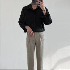 Black Apricot White Long-sleeved Shirt Men Fashion Social Mens Dress Shirt Korean Loose Casual Pleated Shirts Mens Formal Shirt voguable