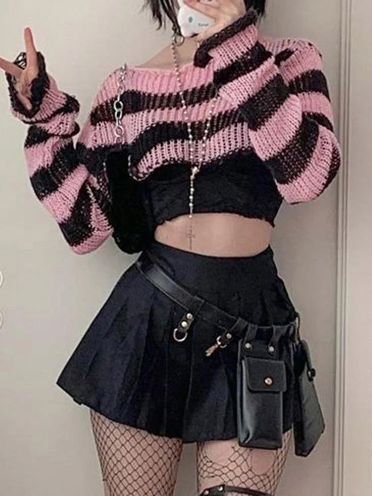 Voguable Pink Contrast-paneled Crop Smock Top Y2K Aesthetic Cute Knitted Long Sleeve Pullover for Women Sweater Vintage Clothes voguable