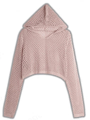 Pointelle Knit Hooded Sweater for Women Sheer Openwork Long Sleeve Boxy-fit Pullover Crop Top Teen-girl Spring Summer Y2K Outfit voguable