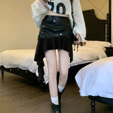 Voguable Retro Brown PU Leather Skirt for Women in Autumn New Irregular Ruffled A-line Hip Hot Girl Skirt voguable
