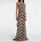 Voguable Summer New Fashionable and Sexy Women's Slant Striped Hanging Collar Sleeveless Knitted Dress voguable