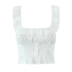 Yellow White Ruffle Square Neck Tank Top Women Front Button Sleeveless Holiday Summer Tops Cotton ropa de mujer