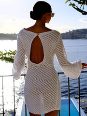 Backless Long Sleeve Knit Mini Dress For Women Fashion Elegant Spring Summer See Through Beach Holiday Dress Beachwear voguable