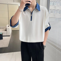 Mens Casual Polo Shirt Half Zip Contrast Collar Loose Fit Comfortable Turn Down Collar Tshirt Relaxed Breathable Top Fashion voguable