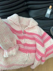 Lazy Wind Women Sweet Cute Cardigan Sweaters Vintage Striped Long Sleeve Loose Knitted Jacket Fall Winter Soft Warm Female Tops voguable