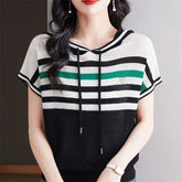 Voguable Women's Clothing Fashion Striped Short Sleeve Thin Ice Silk Knitted Hooded T Shirt Summer Female Casual Loose Pullover Tops voguable