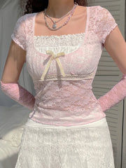 Voguable Bow Patchwork Lace Crop Top Y2K Aesthetic T-shirt Short Sleeve Kawaii Clothes Lolita Style Cute Pullovers Fairycore Tee voguable