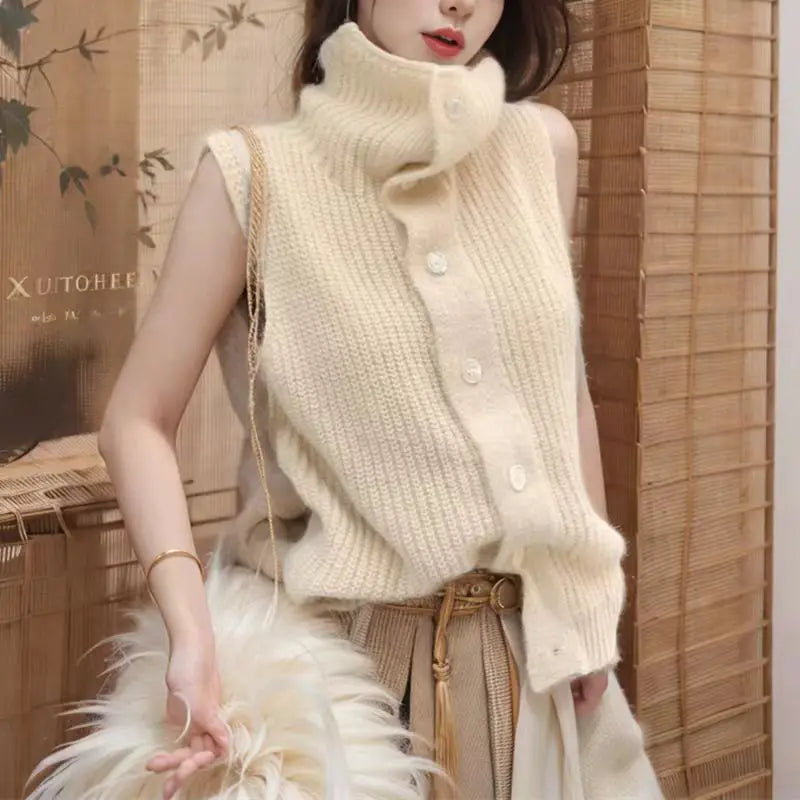 Button Up Sweater Vest for Women Soft Comfy High Neck Sleeveless Knit Vest Slouchy Knitwear Female Autumn Winter Casual Outfit voguable