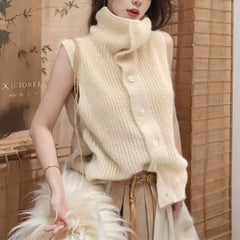 Button Up Sweater Vest for Women Soft Comfy High Neck Sleeveless Knit Vest Slouchy Knitwear Female Autumn Winter Casual Outfit voguable