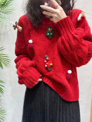 Red Christmas Sweater New Autumn/Winter Women's Unique Colorful Decal Atmosphere Feel Pullover Fashion Versatile Loose Top New Year voguable