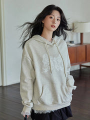 Lace Patchwork Cute Hoodies Women Loose Long Sleeve Bow Print Vintage Pullover Korean Casual Female Preppy Style Sweet Tops voguable