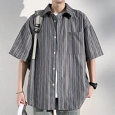 Voguable Men's Casual Breathable Short Sleeve Shirt Vertical Stripe Color-Block Lapel Relaxed Fit Trendy Summer Style Top voguable