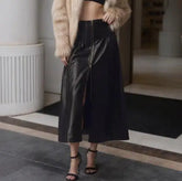 Voguable Autumn/Winter High Waist Black PU Leather Skirt Half Skirt Women's New Mid length Skirt Umbrella Skirt Half Skirt voguable