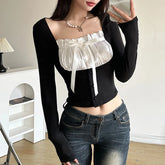 Voguable Sweet Contrast Pleated Satin Patchwork Cropped Top Women Coquette Slim-fit Knitted T-shirts Fall Spring Y2K Tops Kawaii voguable