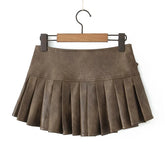 American Retro With Belt Pleated Mini Skirt Women Low Waist Brown Faux Leather Skirts Cool Girl PU Y2K saia