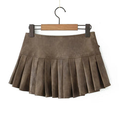 American Retro With Belt Pleated Mini Skirt Women Low Waist Brown Faux Leather Skirts Cool Girl PU Y2K saia
