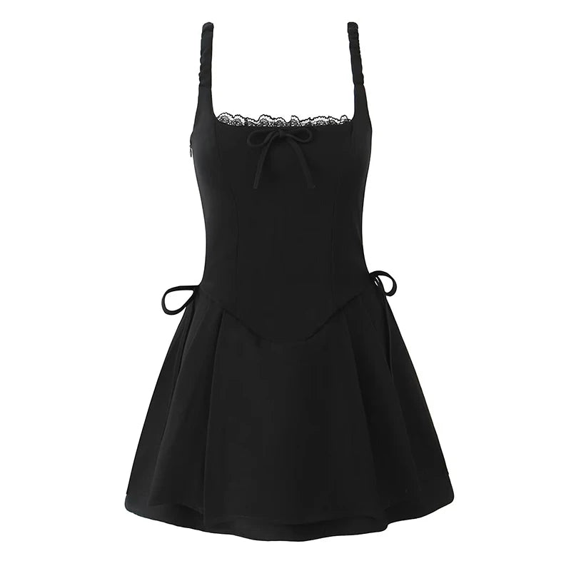 Sexy Elegant Women Lace Trim Black White Spaghetti Straps Dress Bow Low Waist A-line Mini Dresses Evening Party Robe