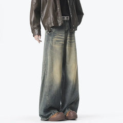 American Style Vintage Straight Jeans Men Retro Fashion Mopping Pants Unisex High Street Loose Casual Wide Leg Denim Pants