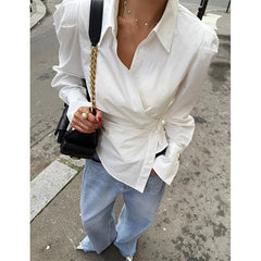 Elegant White Shirts Women Fashion Irregular Blouses Office Ladies Korean Long Sleeve Chic Buttons Slim Design Tops New voguable