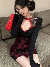 Voguable Hollow Out Lace Patchwork Sexy Dress Women Hotsweet Long Sleeve Slim Mini Dress Chic Korean Dark Academic V Neck Female Dress voguable
