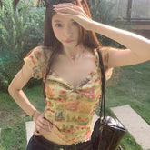 Voguable Floral Beach Sexy Women Crop Tops Vintage V Neck Mesh Short Sleeves Female T Shirt American Chic Vacation Ladies Tees New voguable